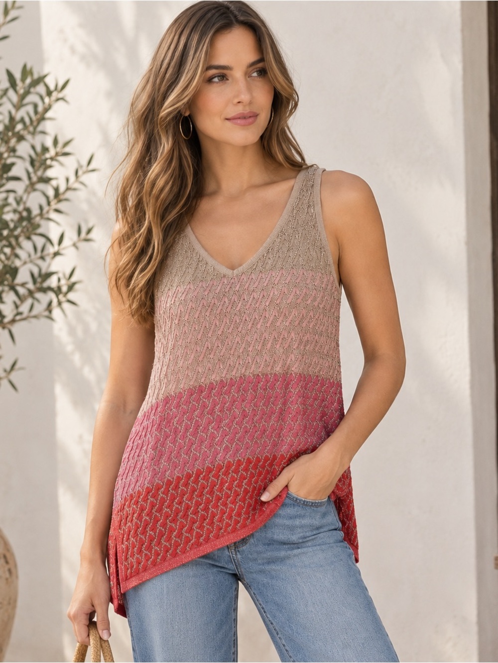White House Black Market Beige, Pink & Red V‑Neck Colorblock Knit Tank